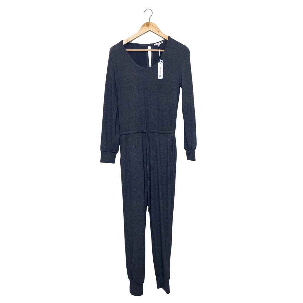Sundry Womens Long Sleeve Jogger Jumpsuit Charcoal Grey Knit Drawstring Size 1